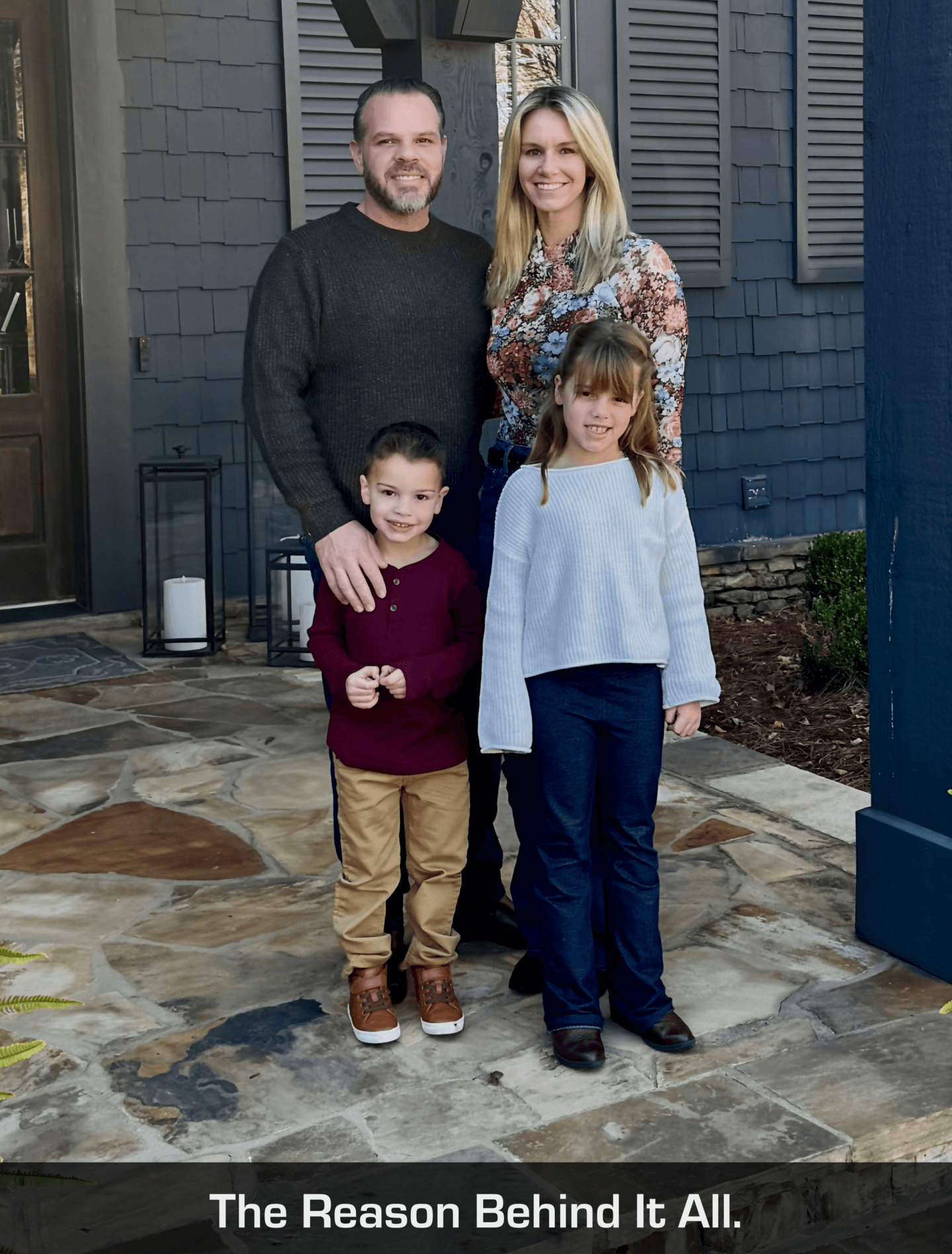Anthony poses next to his wife and two young children in front of their Rhode Island home. Overlaid text reads “The reason behind it all.”