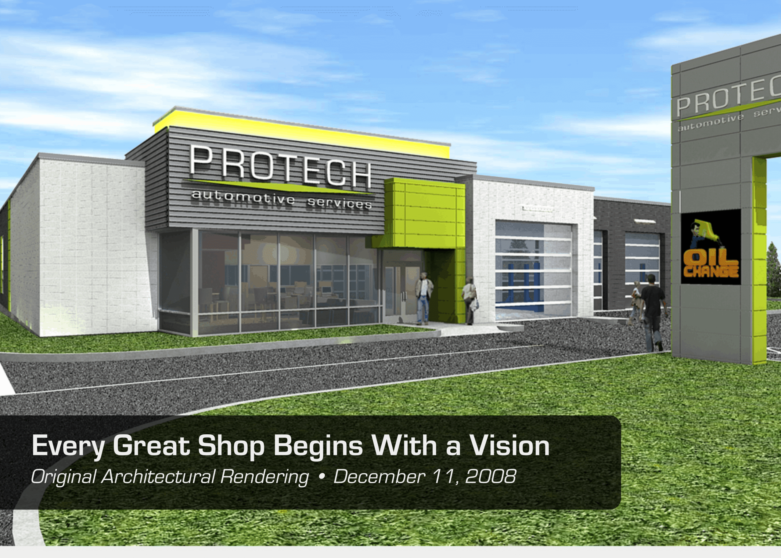 Digital rendering of Protech Automotive’s auto shop located at 1901 Plainfield Pike, in Johnston, RI. Overlaid text reads “Every Great Shop Begins With a Vision, Original Architectural Rendering, December 11, 2008.”