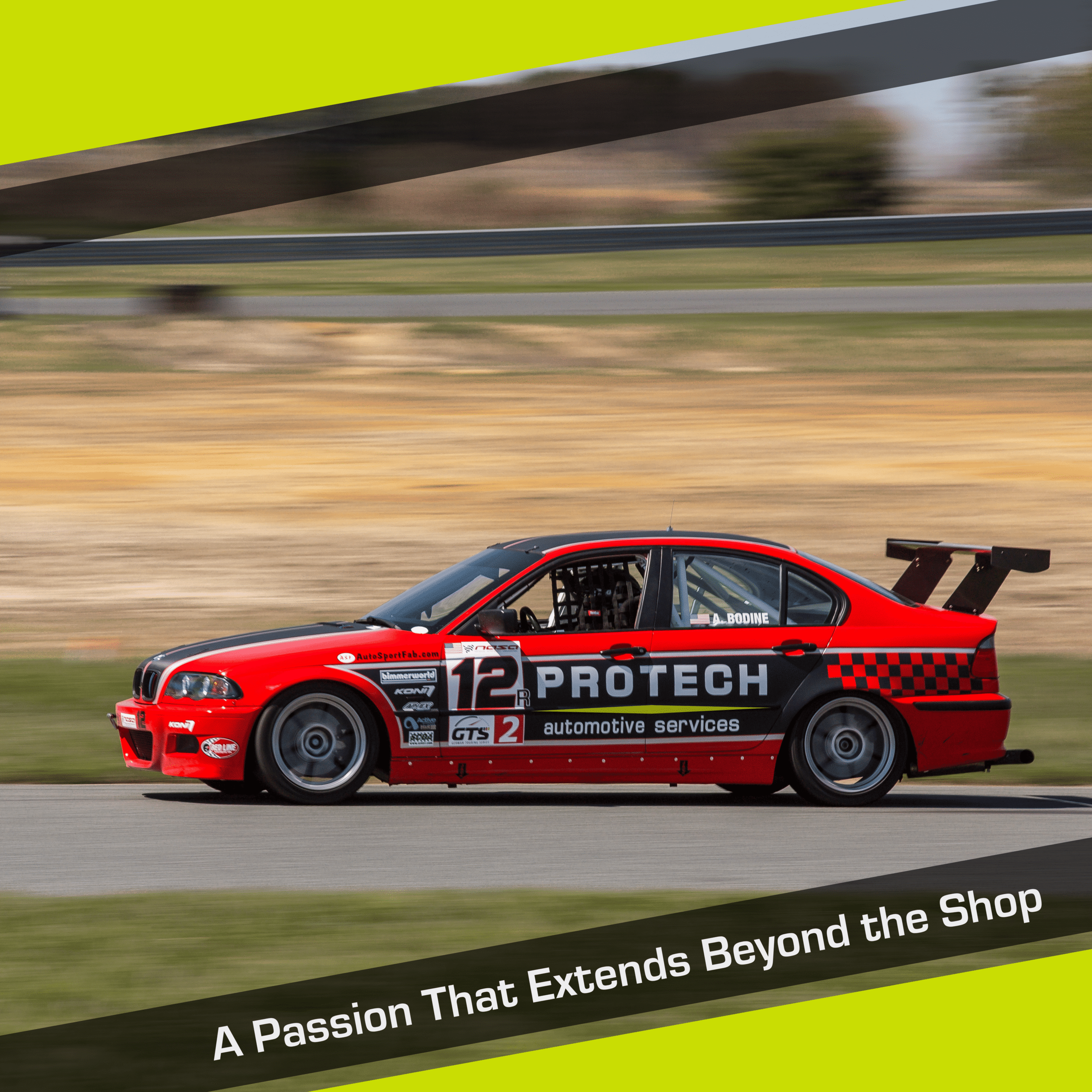 A red racing car zooms down a speedway; overlaid text reads “A Passion That Extends Beyond the Shop.”